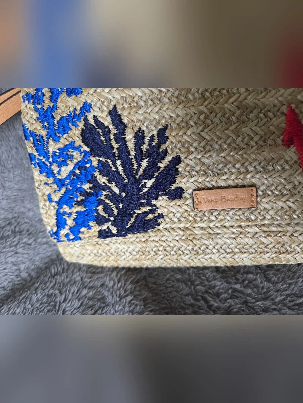 Vera Bradley Straw Wristlet with Blue and Pink Anchored Embroidery